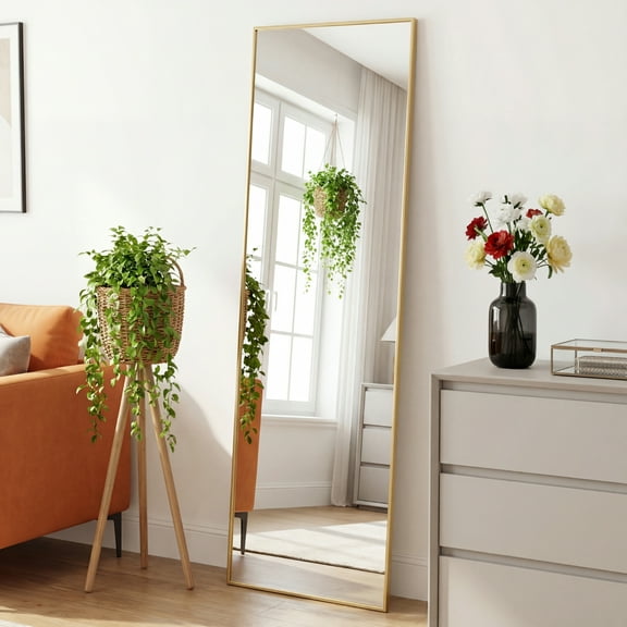 Gianna 56"x15" High-Quality Full Length Mirror, Aluminum Alloy Frame Ensures Stability, Standing Design for Bedroom, Gold