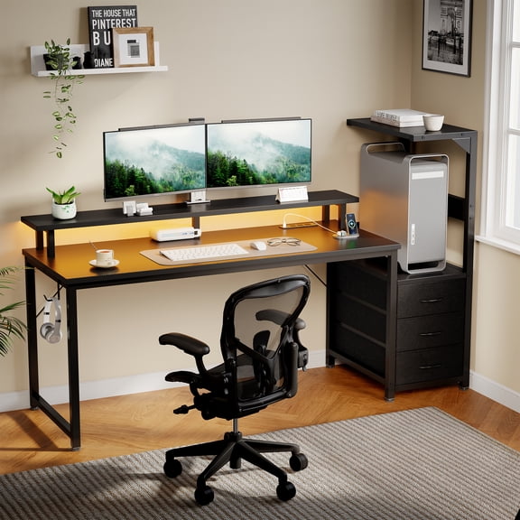 Gianna 59-Inch Gaming Desk with Hutch, LED Lights, USB Ports and 3 Fabric Drawers, Carbon Fiber