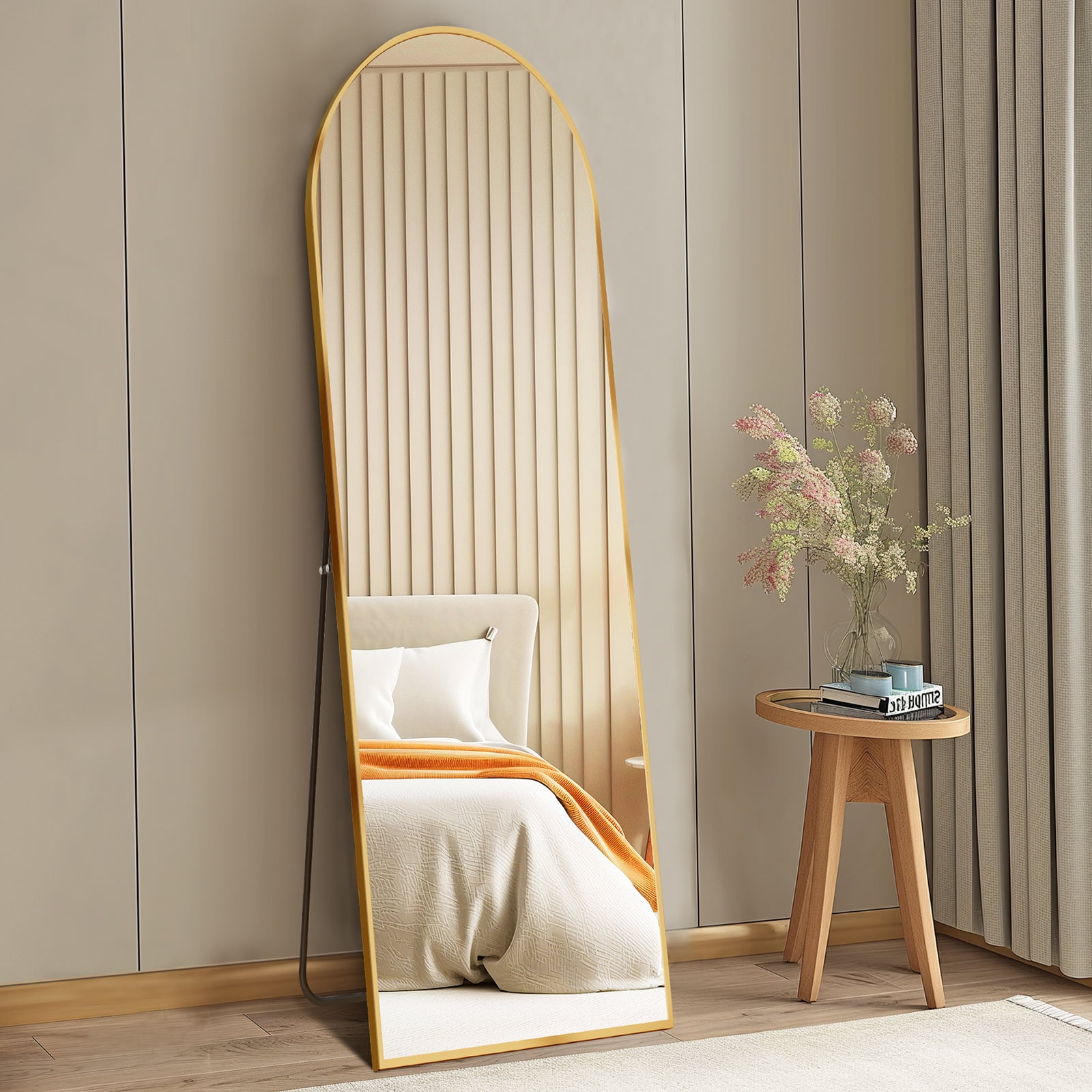 Gianna 59"x16" High-Quality Arched Full Length Mirror, Aluminum Alloy Frame Ensures Stability, Standing Design for Bedroom, Gold
