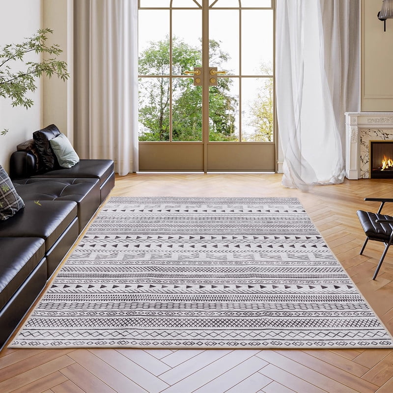 Gianna 5x7 FT Imitation Linen Area Rugs for Living Room, Machine Washable, Low Pile, Ruggable Non-Slip Rug for Bedroom, Dining Room, Geometric Lines