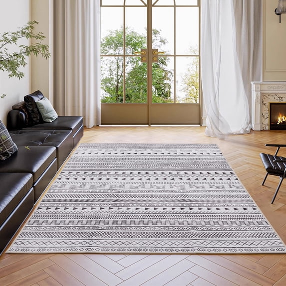 Gianna 5x7 FT Imitation Linen Area Rugs for Living Room, Machine Washable, Low Pile, Ruggable Non-Slip Rug for Bedroom, Dining Room, Geometric Lines