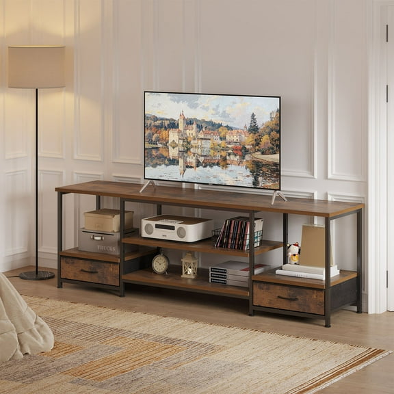 Gianna 63" TV Stand for 75" TVs, Media Console with Built-In USB, Type-C & AC Charging Station, Entertainment Center with Storage Shelves and Fabric Drawers, Rustic Brown