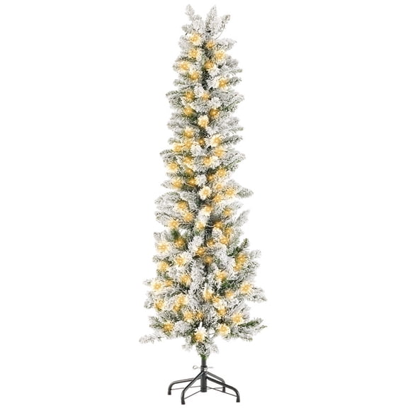 Gianna 6ft Snow Flocked Pencil Christmas Tree, Prelighted Artificial Slim Christmas Trees with 250 Incandescent Lights, 571 Branch Tips & Foldable Base for Home, Office, Party Decoration