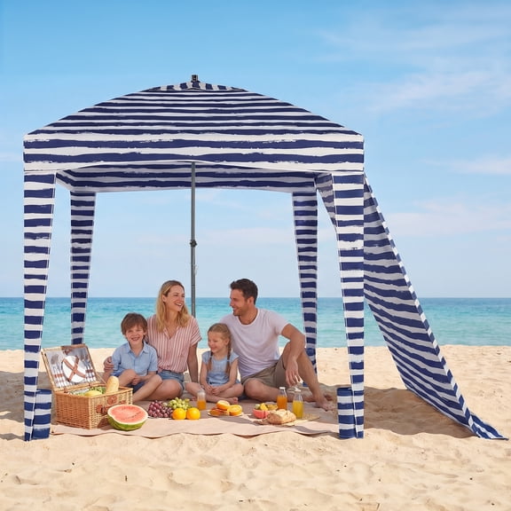 Gianna 7.1' x 7.1' Beach Canopy Tent with Side Wall, Easy Setup Sun Shade with Sand Pockets, Coral Tropical, Drak Blue