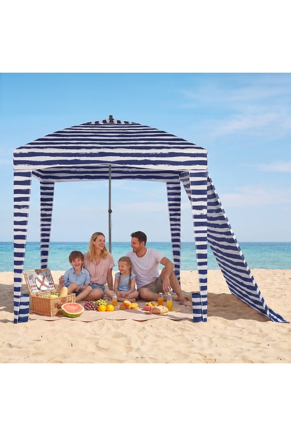 7.1' x 7.1' Beach Canopy Tent with Side Wall, Easy Setup Sun Shade with Sand Pockets, Coral Tropical, Drak Blue