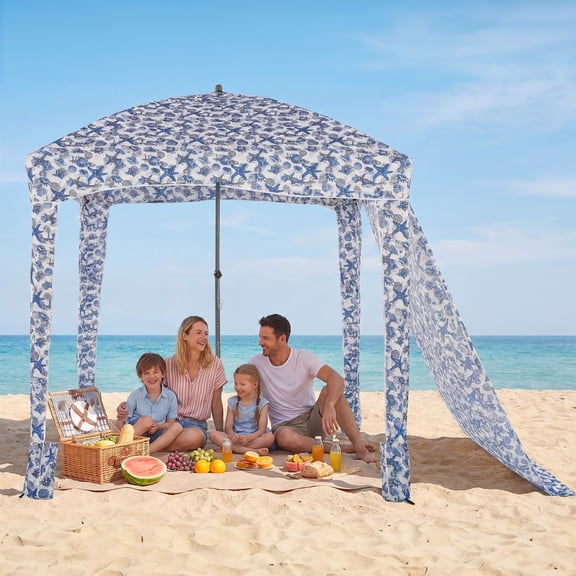 Gianna 7.1' x 7.1' Beach Canopy Tent with Side Wall, Easy Setup Sun Shade with Sand Pockets, Coral Tropical, Starfish Shell