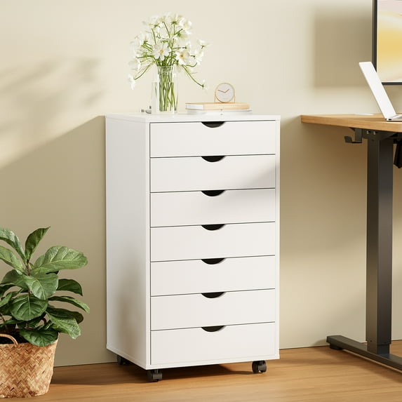 EDX 7 Drawer Storage Cabinet with Wheels for Bedroom, Home, Office Organization, White