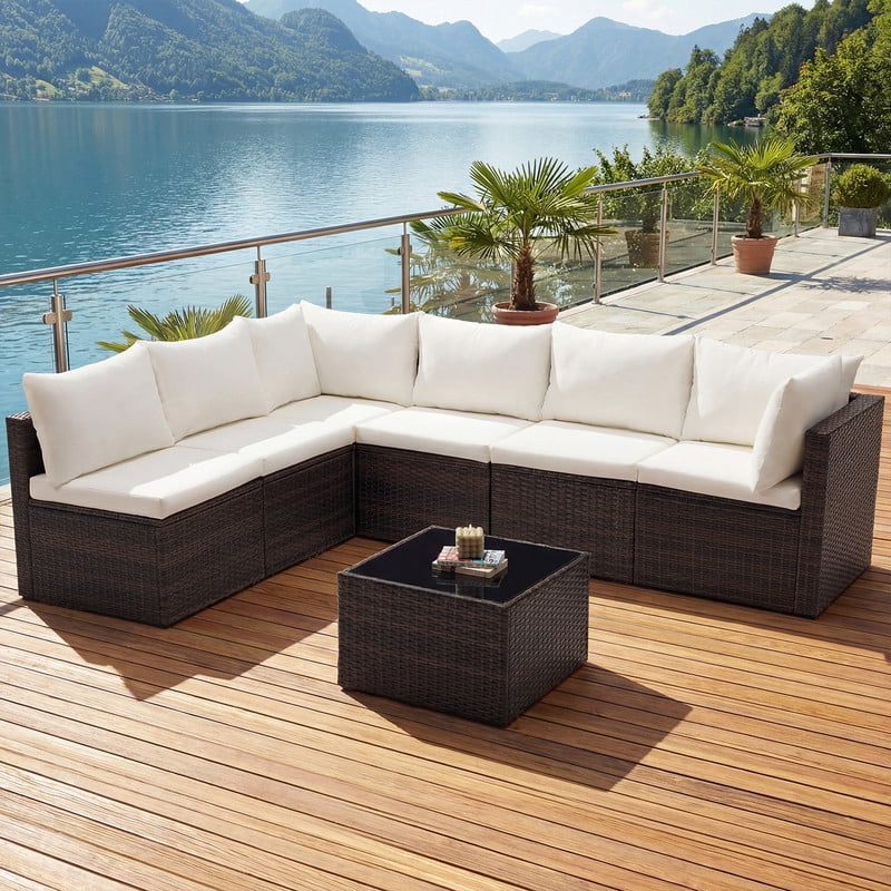 Gianna 7 Piece Outdoor Patio Sectional Sofa, Modular Wicker Furniture Set with 2.8" Thick Cushions, Adjustable Feet, All-Weather Rattan Outdoor Couch for Backyard, Poolside, Brown