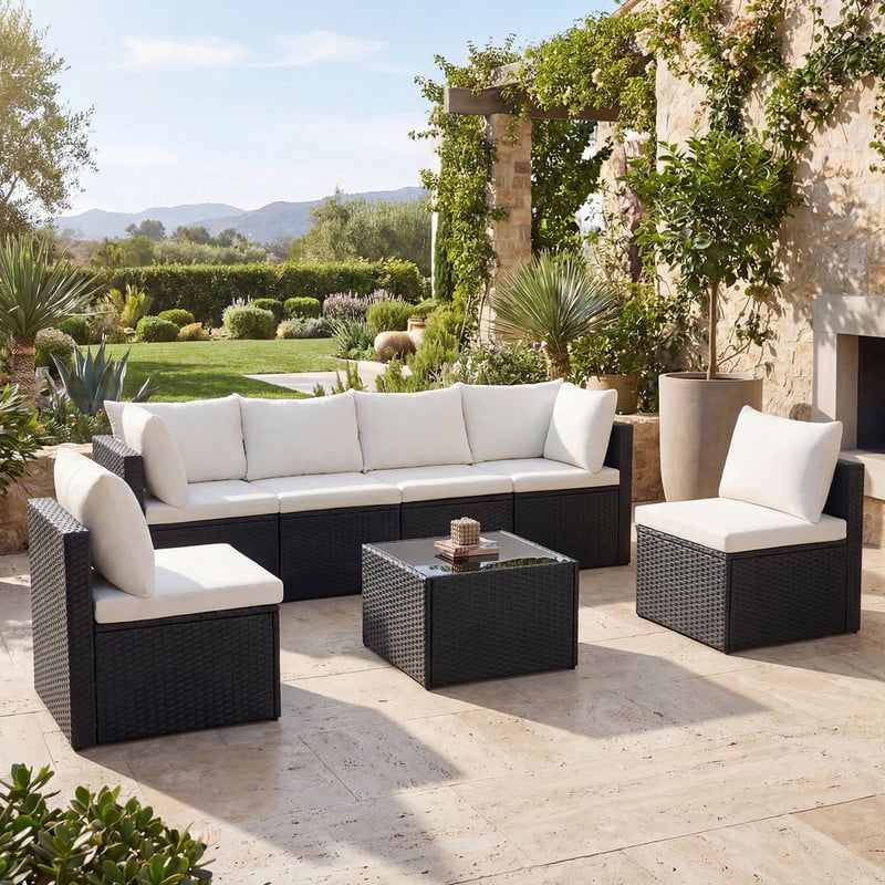 Gianna 7 Piece Outdoor Patio Sectional Sofa, Modular Wicker Furniture Set with 2.8" Thick Cushions, Adjustable Feet, All-Weather Rattan Outdoor Couch for Backyard, Poolside, Black