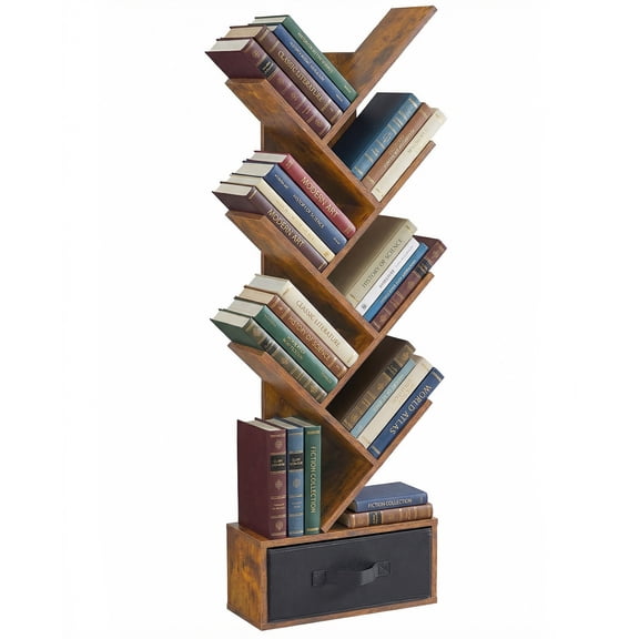 Gianna 7-Tier Tree Bookshelf, Narrow Wood Bookcase with Drawer for Small Spaces, Rustic Brown