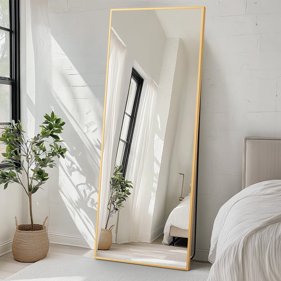 Gianna 71"x26" Full Length Rectangular Mirror Wall or Leaning Aluminum Alloy Frame with Stand Gold