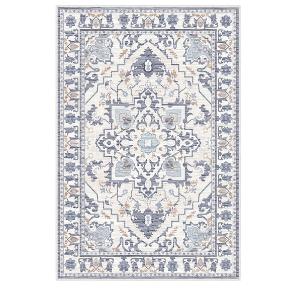 Gianna 8x10 FT Large Polyester Area Rug for Living Room, Machine Washable Low-Pile Rug with Non-Slip Backing, Durable Edge Binding for Bedroom, Dining Room, Vintage Style, Blue