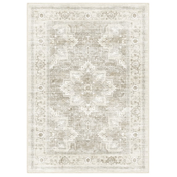 Gianna 8x10 FT Large Polyester Area Rug for Living Room, Machine Washable Low-Pile Rug with Non-Slip Backing, Durable Edge Binding for Bedroom, Dining Room, Vintage Style, Beige