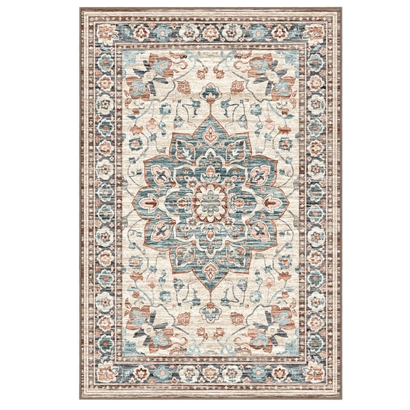 Gianna 8x10 FT Large Polyester Area Rug for Living Room, Machine Washable Low-Pile Rug with Non-Slip Backing, Durable Edge Binding for Bedroom, Dining Room, Vintage Style, Blue and Red