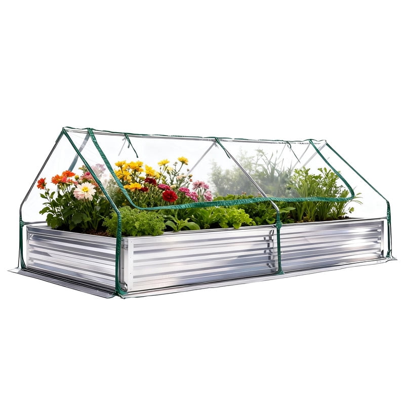 Gianna 8x4x1ft Galvanized Raised Garden Bed with Cover, Planter Box Outdoor for Deep-Rooted Herbs/Flowers/Vegetables, Large Metal Garden Bed Mini Greenhouse for Patio and Backyard