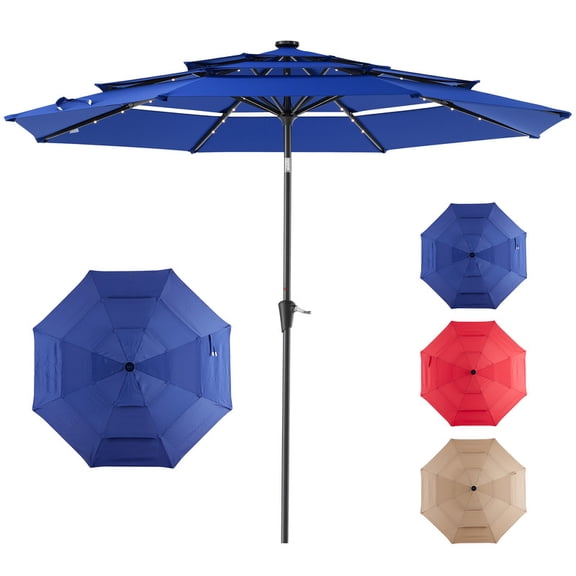 Gianna 10 FT 3-Layer Solar Patio Umbrella, 32 LED Lights Market Umbrella with Adjustable Tilt, 8-Rib Outdoor Sunshade for Backyard, Deck and Poolside,Navy Blue
