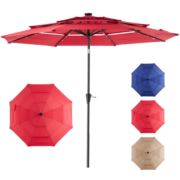 Gianna 10 FT 3-Layer Solar Patio Umbrella, 32 LED Lights Market Umbrella with Adjustable Tilt, 8-Rib Outdoor Sunshade for Backyard, Deck and Poolside,Red
