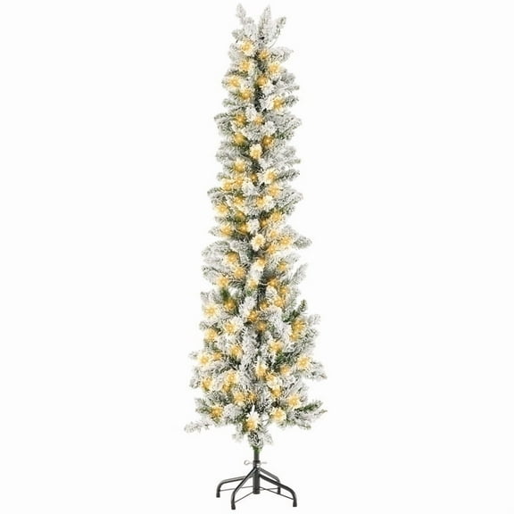 Gianna 9ft Snow Flocked Pencil Christmas Tree, Prelighted Artificial Slim Christmas Trees with 500 Incandescent Lights, 1100 Branch Tips & Foldable Base for Home, Office, Party Decoration