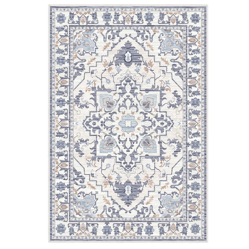Gianna 9x12 FT Large Polyester Area Rug for Living Room, Machine Washable Low-Pile Rug with Non-Slip Backing, Durable Edge Binding for Bedroom, Dining Room, Christmas Rug, Vintage Style, Blue
