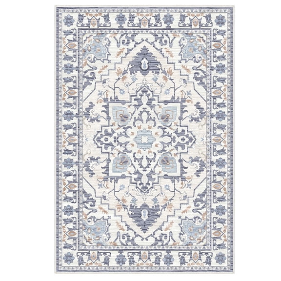 Gianna 9x12 FT Large Polyester Area Rug for Living Room, Machine Washable Low-Pile Rug with Non-Slip Backing, Durable Edge Binding for Bedroom, Dining Room, Christmas Rug, Vintage Style, Blue