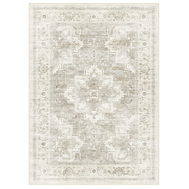 Gianna 9x12 FT Large Polyester Area Rug for Living Room, Machine Washable Low-Pile Rug with Non-Slip Backing, Durable Edge Binding for Bedroom, Dining Room, Christmas Rug, Vintage Style, Beige