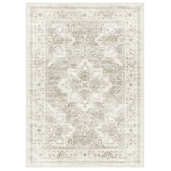 Gianna 9x12 FT Large Polyester Area Rug for Living Room, Machine Washable Low-Pile Rug with Non-Slip Backing, Durable Edge Binding for Bedroom, Dining Room, Christmas Rug, Vintage Style, Beige