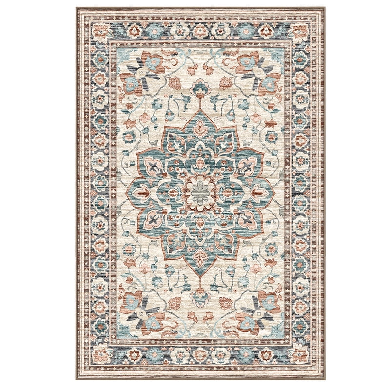 Gianna 9x12 FT Large Polyester Area Rug for Living Room, Machine Washable Low-Pile Rug with Non-Slip Backing, Durable Edge Binding for Bedroom, Dining Room, Christmas Rug, Vintage Style, Blue and Red