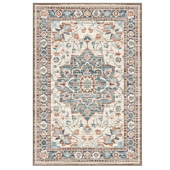 Gianna 9x12 FT Large Polyester Area Rug for Living Room, Machine Washable Low-Pile Rug with Non-Slip Backing, Durable Edge Binding for Bedroom, Dining Room, Christmas Rug, Vintage Style, Blue and Red