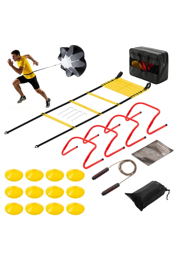 Agility Ladder Training Set with Speed Parachute, Hurdles, Cones, Jump Rope, Soccer Football Speed & Coordination Equipment, Yellow