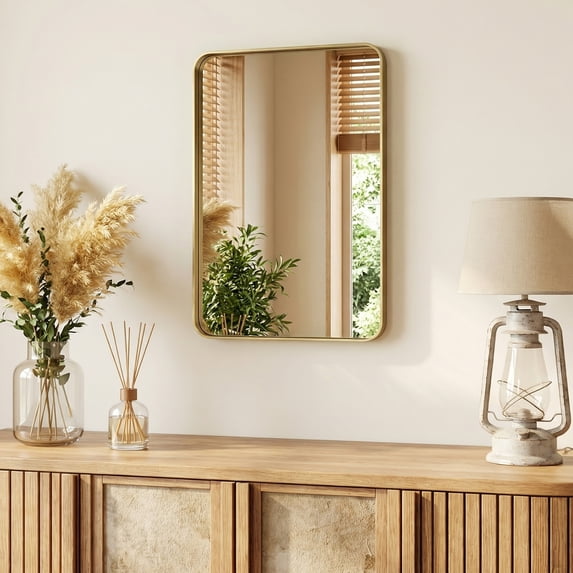 Gianna Anti-Fog Bathroom Wall Mirror – 20" x 28" Shatterproof Vanity Mirror with Rectangular Metal Frame, Gold