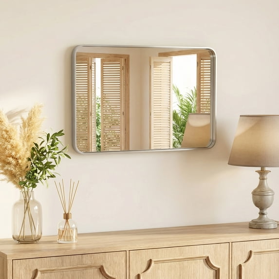Gianna Anti-Fog Bathroom Wall Mirror – 24" x 32" Shatterproof Vanity Mirror with Rectangular Metal Frame, Sliver
