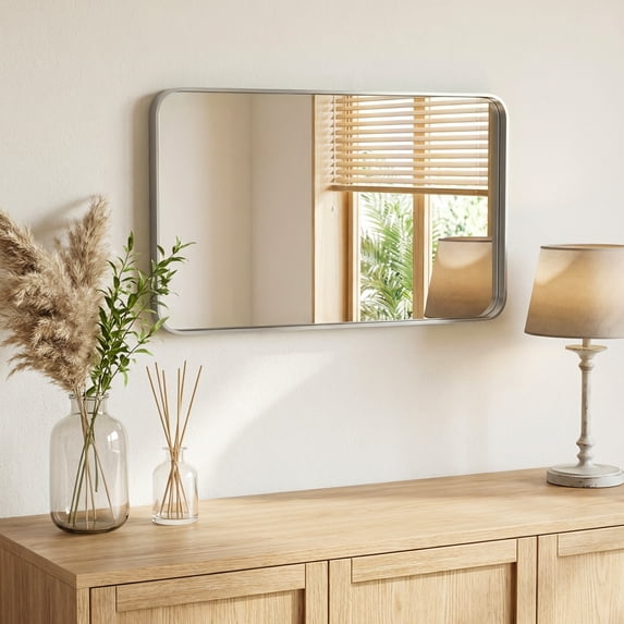 Gianna Anti-Fog Bathroom Wall Mirror – 24" x 36" Shatterproof Vanity Mirror with Rectangular Metal Frame, Sliver