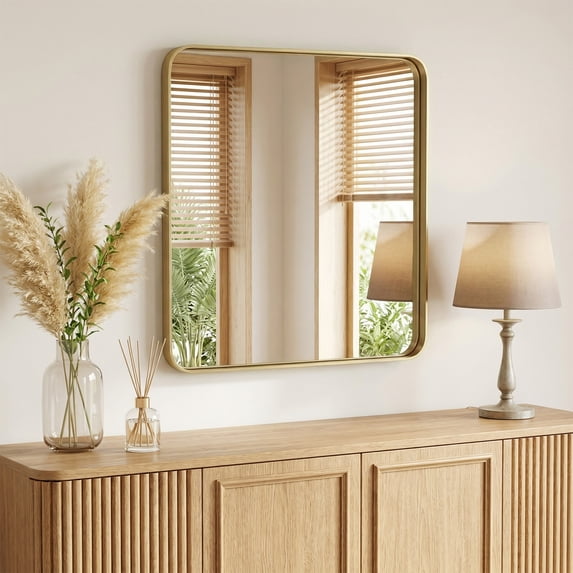 Gianna Anti-Fog Bathroom Wall Mirror – 28" x 32" Shatterproof Vanity Mirror with Rectangular Metal Frame, Gold