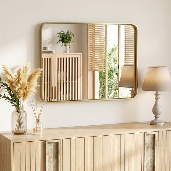 Gianna Anti-Fog Bathroom Wall Mirror – 32" x 40" Shatterproof Vanity Mirror with Rectangular Metal Frame, Gold