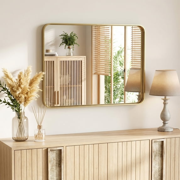 Gianna Anti-Fog Bathroom Wall Mirror – 32" x 40" Shatterproof Vanity Mirror with Rectangular Metal Frame, Gold