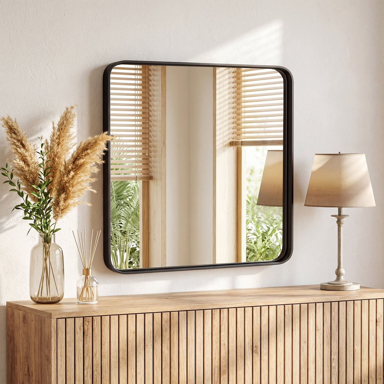 Gianna Anti-Fog Bathroom Wall Mirror – 36" x 36" Shatterproof Vanity Mirror with Rectangular Metal Frame, Black