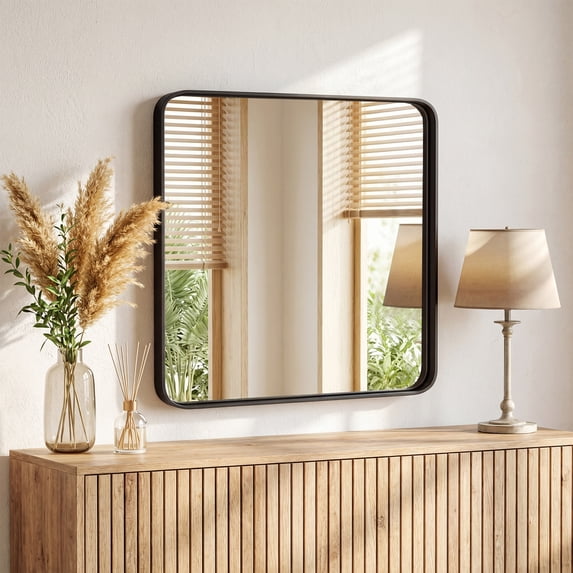 Gianna Anti-Fog Bathroom Wall Mirror – 36" x 36" Shatterproof Vanity Mirror with Rectangular Metal Frame, Black