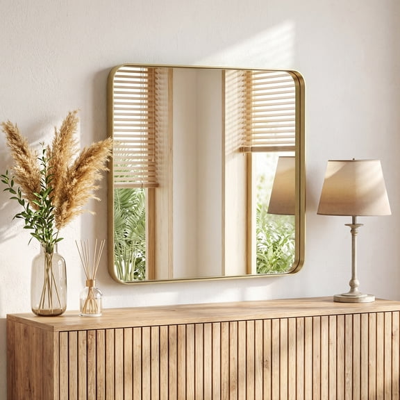 Gianna Anti-Fog Bathroom Wall Mirror – 36" x 36" Shatterproof Vanity Mirror with Rectangular Metal Frame, Gold