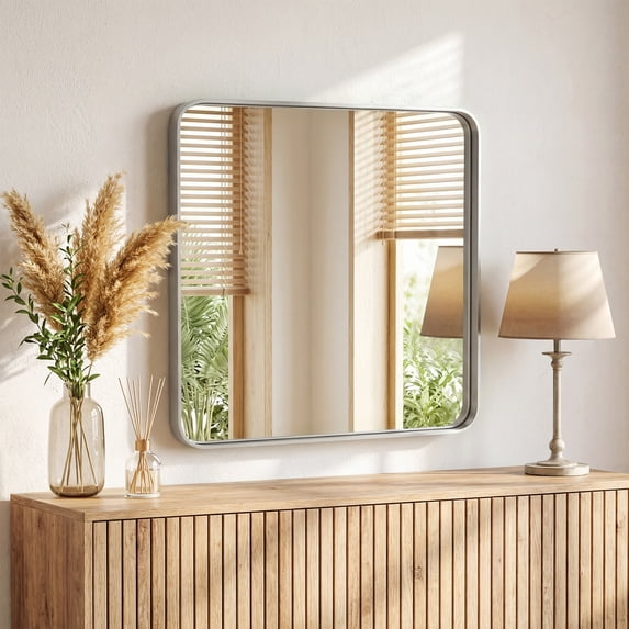 Gianna Anti-Fog Bathroom Wall Mirror – 36" x 36" Shatterproof Vanity Mirror with Rectangular Metal Frame, Sliver