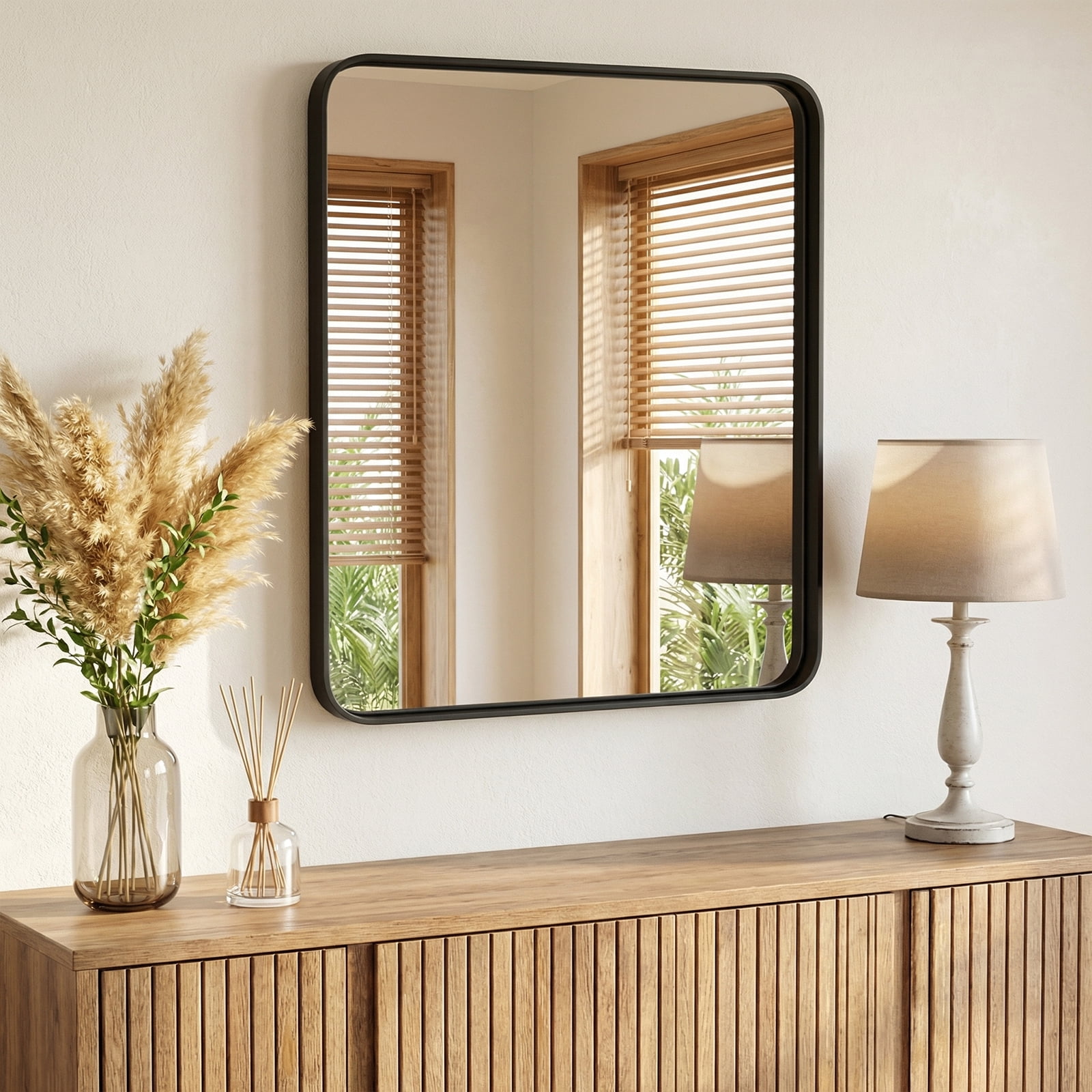 Gianna Anti-Fog Bathroom Wall Mirror – 36" x 40" Shatterproof Vanity Mirror with Rectangular Metal Frame, Black