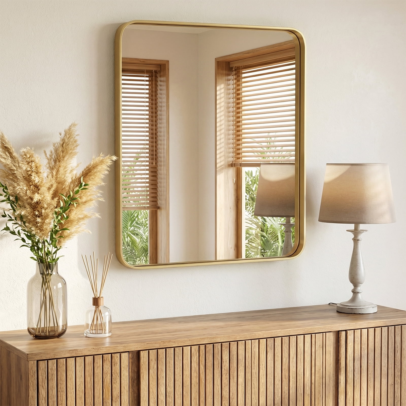 Gianna Anti-Fog Bathroom Wall Mirror – 36" x 40" Shatterproof Vanity Mirror with Rectangular Metal Frame, Gold