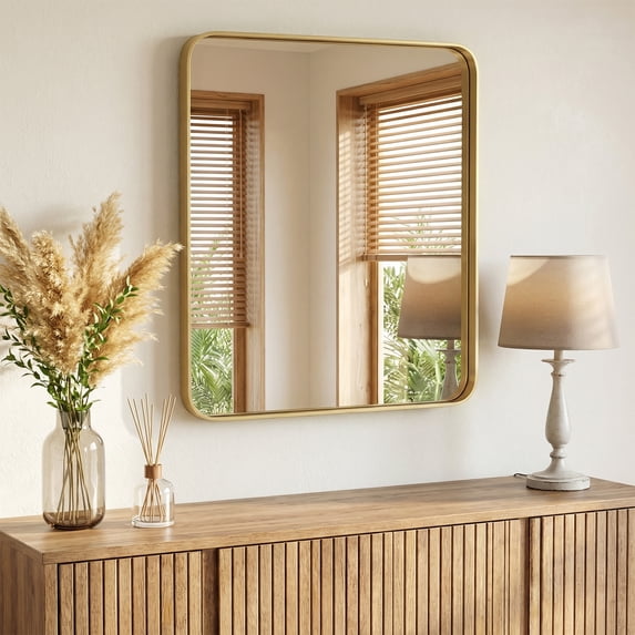 Gianna Anti-Fog Bathroom Wall Mirror – 36" x 40" Shatterproof Vanity Mirror with Rectangular Metal Frame, Gold