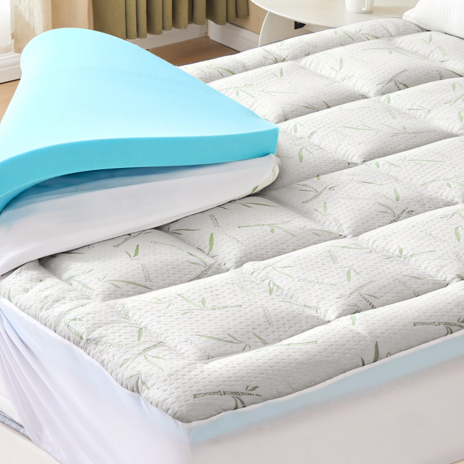 Gianna California King Size 4-Inch Dual Layer Memory Foam Mattress Topper with 2" Gel Foam and 2" Cooling Pillow Top, Medium Support for Back Pain Relief