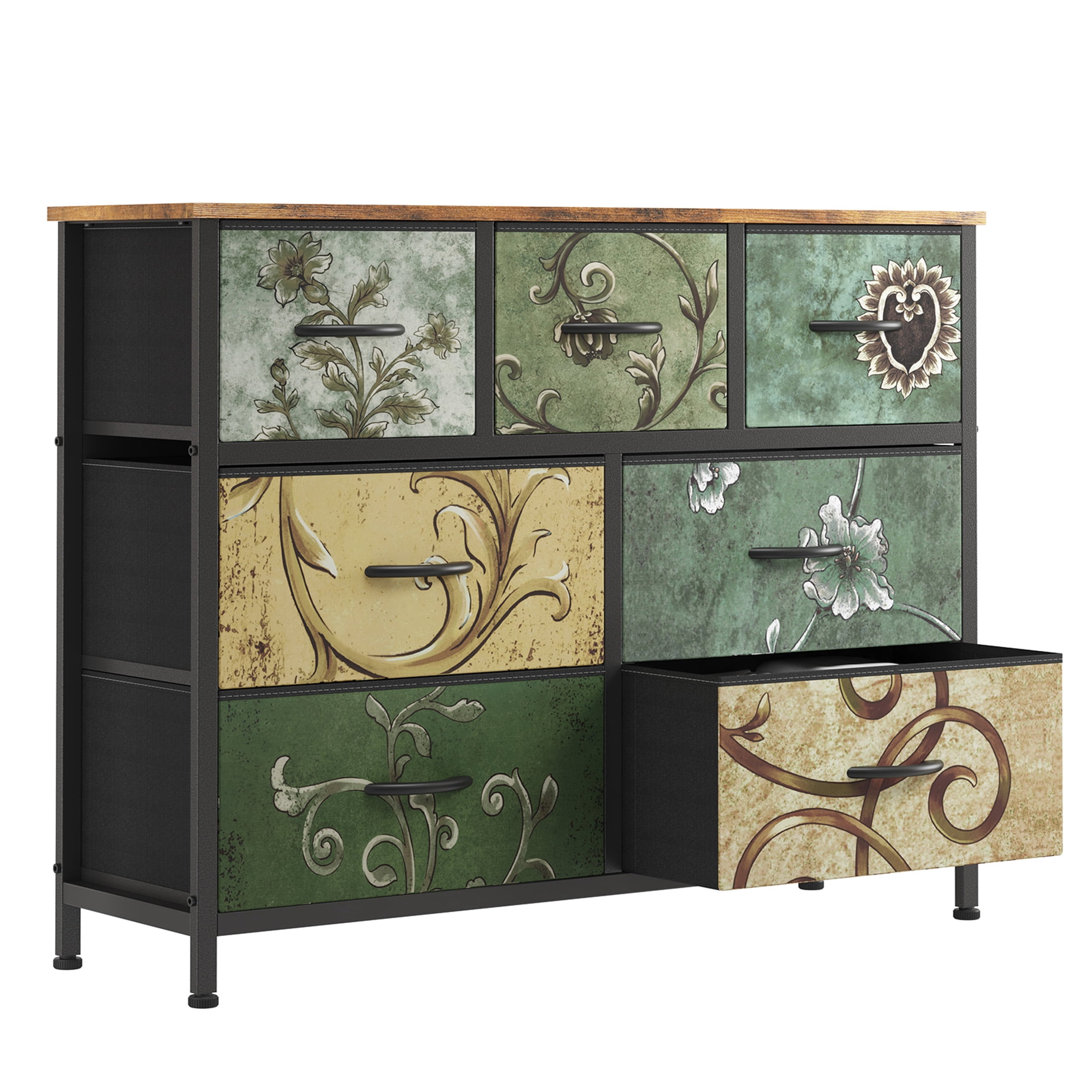 Gianna Chest of Drawers with 7 Fabric Drawers, Drawer Cabinet, Organization Furniture for Kitchen, Office, Hallway, Floral Painted