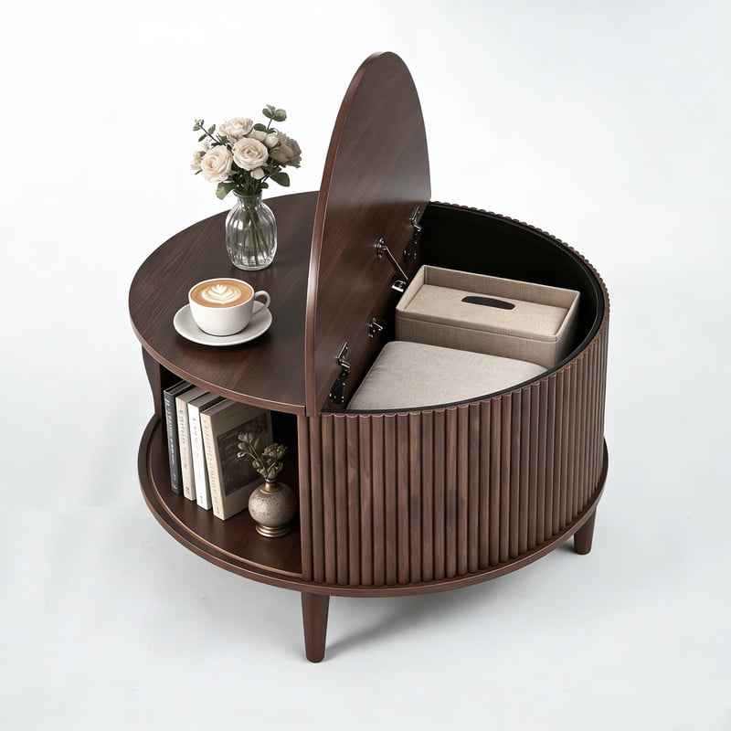 Gianna Coffee Table, Round Coffee Tables with Storage, Fluted Center Table for Living Room, 31.69" Mid Century Modern Table with Sliding Cabinet Door, 2-Tier Rustic Wood Desktop, Brown