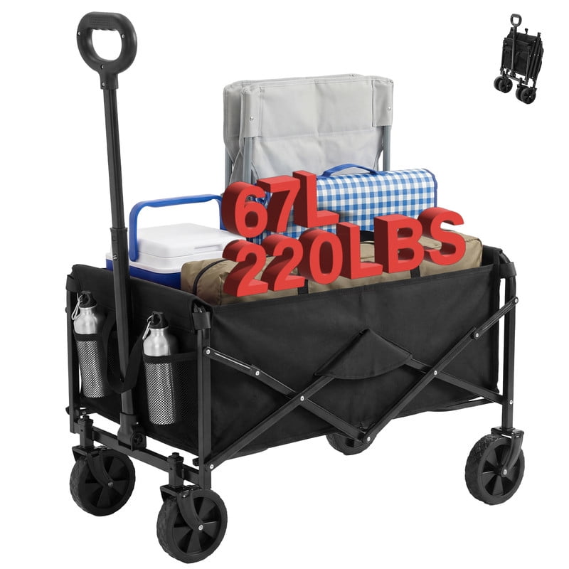 Gianna Collapsible Folding Wagon, Heavy Large Capacity Garden Wagon, Big Bucket Beach Cart with Multi-Terrain Brake Wheels for Outdoor Camping, Shopping, 28.7" X 18.7" X 35.4"，Black