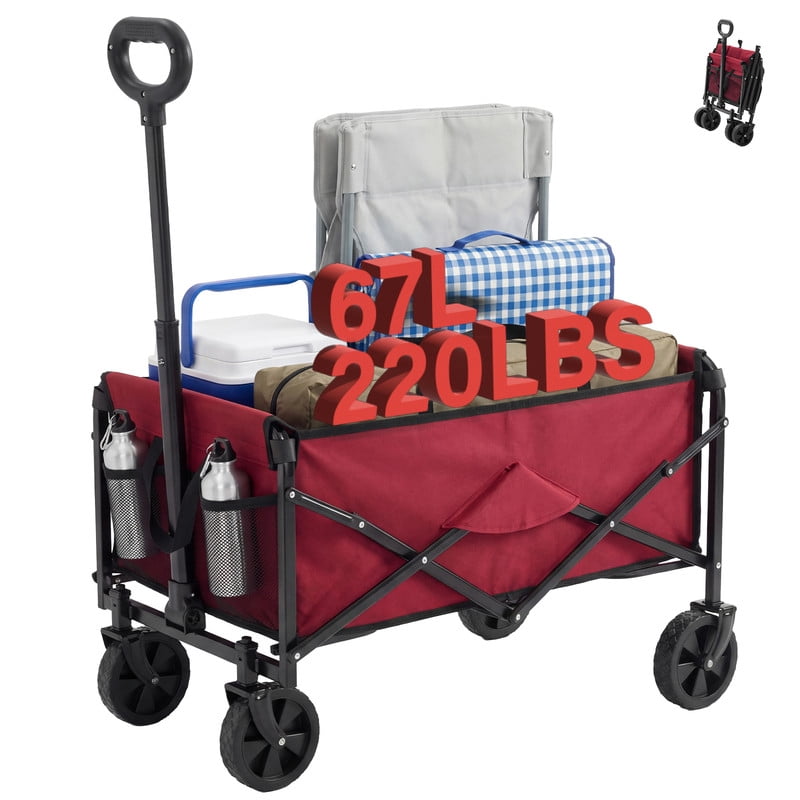 Gianna Collapsible Folding Wagon, Heavy Large Capacity Garden Wagon, Big Bucket Beach Cart with Multi-Terrain Brake Wheels for Outdoor Camping, Shopping, 28.7" X 18.7" X 35.4"，Red