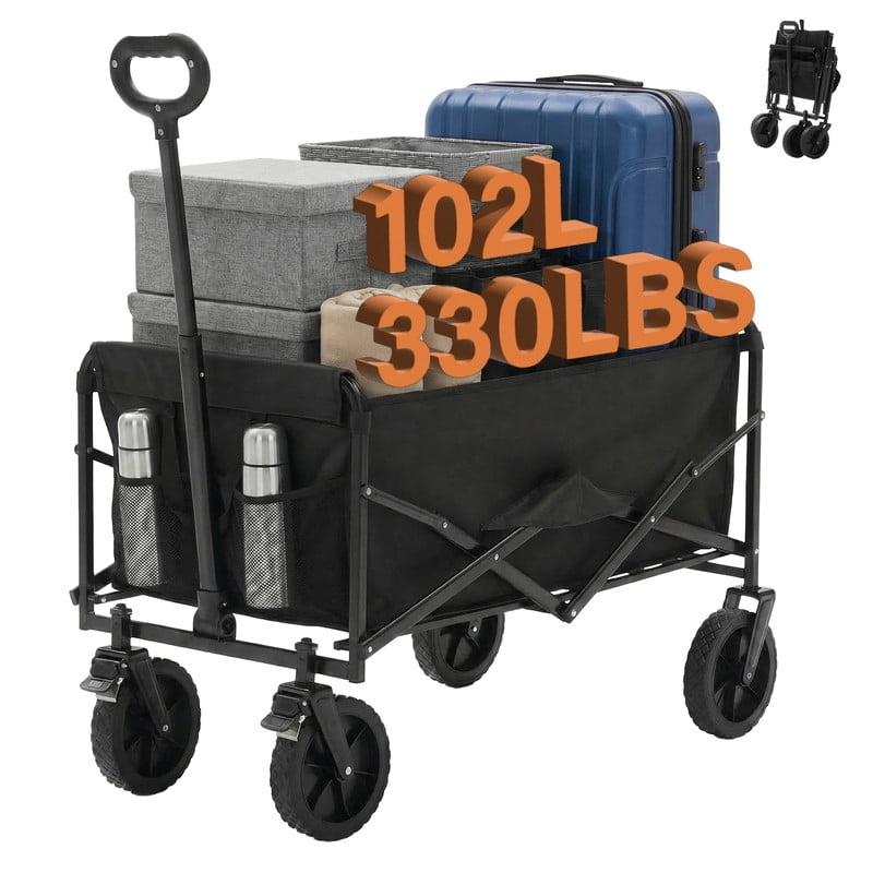 Gianna Collapsible Folding Wagon, Heavy Large Capacity Garden Wagon, Big Bucket Beach Cart with Multi-Terrain Brake Wheels for Outdoor Camping, Shopping, 37" X 21" X 38"，Black