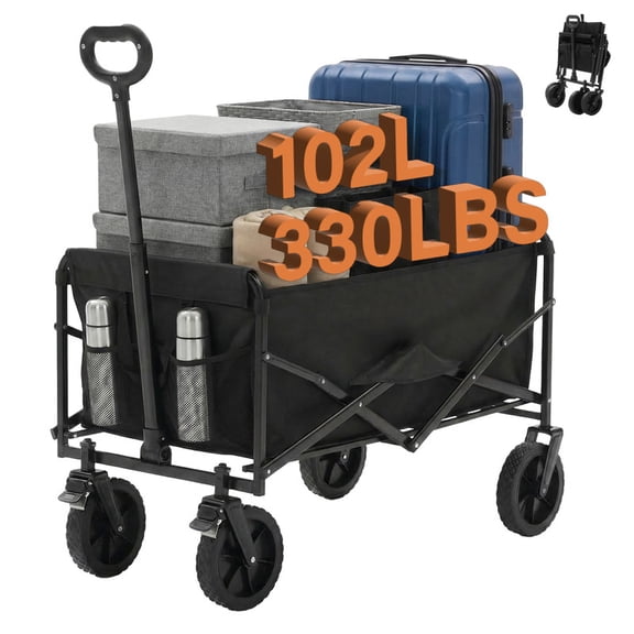 Gianna Collapsible Folding Wagon, Heavy Large Capacity Garden Wagon, Big Bucket Beach Cart with Multi-Terrain Brake Wheels for Outdoor Camping, Shopping, 37" X 21" X 38",Black
