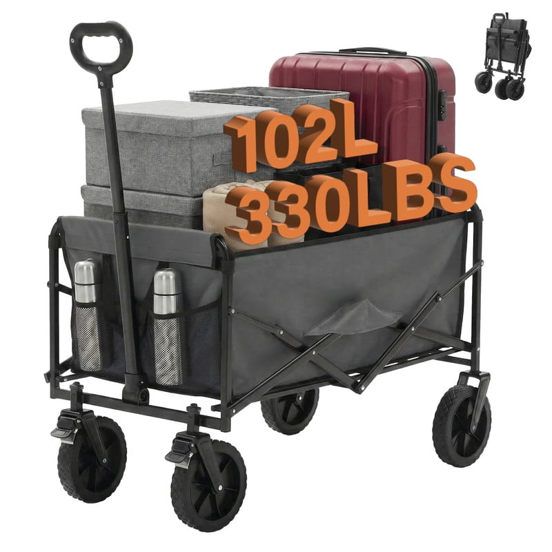 Gianna Collapsible Folding Wagon, Heavy Large Capacity Garden Wagon, Big Bucket Beach Cart with Multi-Terrain Brake Wheels for Outdoor Camping, Shopping, 37" X 21" X 38"，Gray